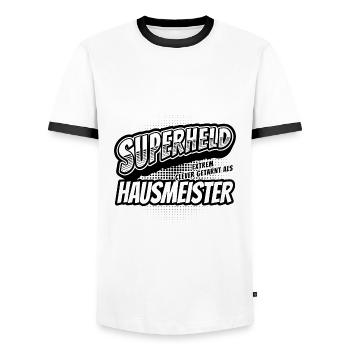 Superheld, clever getarnt als Hausmeister - Männer Kontrast-T-Shirt - Weiß/Schwarz - Vorne - AI Model Female 172 light (172cm) & AI Model Male 178 dark (178cm)