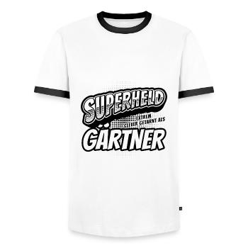 Superheld, clever getarnt als Gärtner - Männer Kontrast-T-Shirt - Weiß/Schwarz - Vorne - AI Model Female 172 light (172cm) & AI Model Male 178 dark (178cm)
