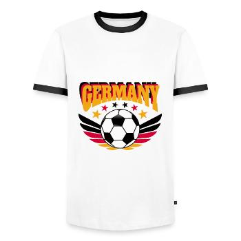 Fußball Shirt Deutschland Retro College Look - Männer Kontrast-T-Shirt - Weiß/Schwarz - Vorne - AI Model Female 172 light (172cm) & AI Model Male 178 dark (178cm)