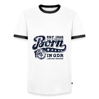Born in GDR 1965 - Geburtstag - Ossi Geschenk - Männer Kontrast-T-Shirt - Weiß/Schwarz - Vorne - AI Model Female 172 light (172cm) & AI Model Male 178 dark (178cm)