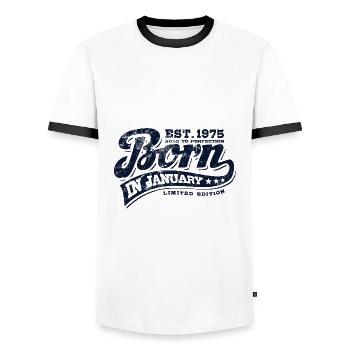 Born in January 1975 - Geburtstag - Geschenk - Männer Kontrast-T-Shirt - Weiß/Schwarz - Vorne - AI Model Female 172 light (172cm) & AI Model Male 178 dark (178cm)