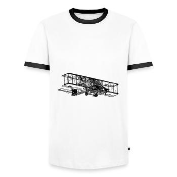 Flying Vintage Biplane Box Illustration - Men's Ringer Shirt - white/black - Front - AI Model Female 172 light (172cm) & AI Model Male 178 dark (178cm)