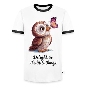 Hibou et papillon – Profitez des petites choses - T-shirt contrasté Homme - blanc/noir - Devant - AI Model Female 172 light (172cm) & AI Model Male 178 dark (178cm)