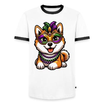 Mardi Gras Shiba Inu, Farbenfroher Hund - Männer Kontrast-T-Shirt - Weiß/Schwarz - Vorne - AI Model Female 172 light (172cm) & AI Model Male 178 dark (178cm)