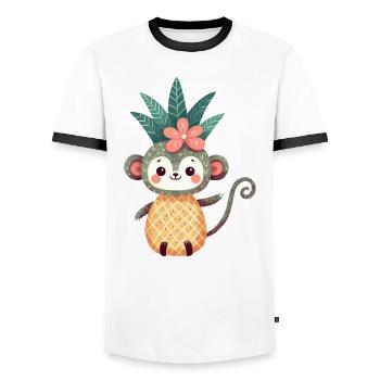 Affe Schimpanse Ananas Fruchtig Süß Comic Kunst - Männer Kontrast-T-Shirt - Weiß/Schwarz - Vorne - AI Model Female 172 light (172cm) & AI Model Male 178 dark (178cm)