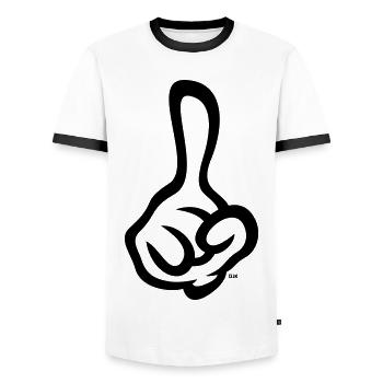 Index levé (doigt / main droite / 1C) - T-shirt contrasté Homme - blanc/noir - Devant - AI Model Female 172 light (172cm) & AI Model Male 178 dark (178cm)