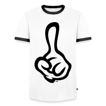 Index levé (doigt / main gauche / 1C) - T-shirt contrasté Homme - blanc/noir - Devant - AI Model Female 172 light (172cm) & AI Model Male 178 dark (178cm)