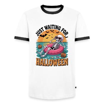 Waiting for Halloween Summer Skeleton in Pool - Men's Ringer Shirt - white/black - Front - AI Model Female 172 light (172cm) & AI Model Male 178 dark (178cm)