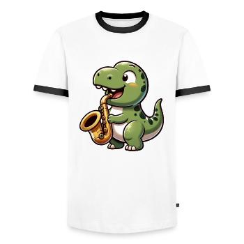 Dino T-Rex Saxofonist Jazzmusik - Männer Kontrast-T-Shirt - Weiß/Schwarz - Vorne - AI Model Female 172 light (172cm) & AI Model Male 178 dark (178cm)