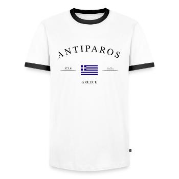 Antiparos Greece Holiday Souvenir & Gift - Men's Ringer Shirt - white/black - Front - AI Model Female 172 light (172cm) & AI Model Male 178 dark (178cm)