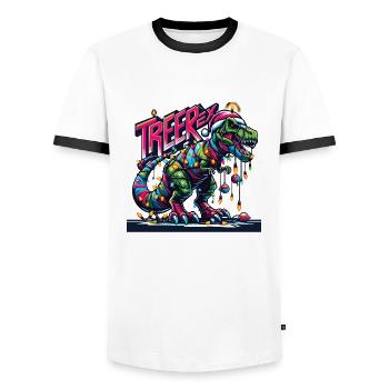 Tree-Rex T-Rex Dinosaurier rockt Weihnachten - Männer Kontrast-T-Shirt - Weiß/Schwarz - Vorne - AI Model Female 172 light (172cm) & AI Model Male 178 dark (178cm)