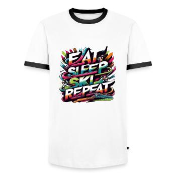 Eat Sleep Ski Repeat Ski Enthusiast Life Cycle - Men's Ringer Shirt - white/black - Front - AI Model Female 172 light (172cm) & AI Model Male 178 dark (178cm)