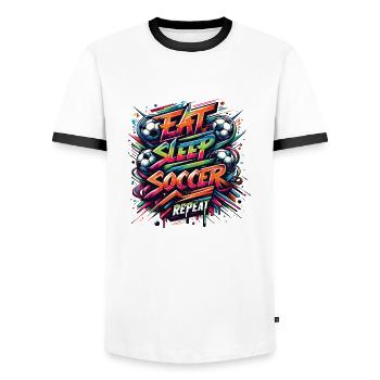 Eat Sleep Soccer Repeat Soccer Passion - Men's Ringer Shirt - white/black - Front - AI Model Female 172 light (172cm) & AI Model Male 178 dark (178cm)