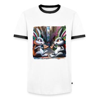 Bunnies eating pizza in graffiti backyard street art - Men's Ringer Shirt - white/black - Front - AI Model Female 172 light (172cm) & AI Model Male 178 dark (178cm)