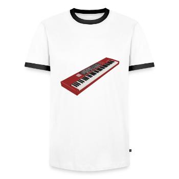 Electro Synthesizer Keyboard Design. - Men's Ringer Shirt - white/black - Front - AI Model Female 172 light (172cm) & AI Model Male 178 dark (178cm)