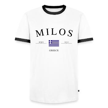 Milos, Grèce – Souvenir et cadeau de vacances - T-shirt contrasté Homme - blanc/noir - Devant - AI Model Female 172 light (172cm) & AI Model Male 178 dark (178cm)