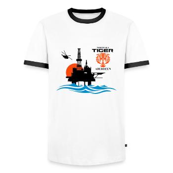 North Sea Tiger Oil Rig Platform Aberdeen - Men's Ringer Shirt - white/black - Front - AI Model Female 172 light (172cm) & AI Model Male 178 dark (178cm)