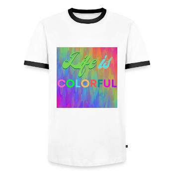 Life is colorful - Men's Ringer Shirt - white/black - Front - AI Model Female 172 light (172cm) & AI Model Male 178 dark (178cm)