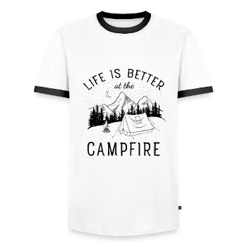 Das Leben ist besser am Lagerfeuer - Campingzelt - Männer Kontrast-T-Shirt - Weiß/Schwarz - Vorne - AI Model Female 172 light (172cm) & AI Model Male 178 dark (178cm)
