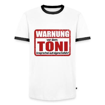 Toni Name Lustiges Warnschild - Männer Kontrast-T-Shirt - Weiß/Schwarz - Vorne - AI Model Female 172 light (172cm) & AI Model Male 178 dark (178cm)