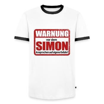 Simon Name Lustiges Warnschild - Männer Kontrast-T-Shirt - Weiß/Schwarz - Vorne - AI Model Female 172 light (172cm) & AI Model Male 178 dark (178cm)