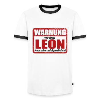 Leon Name Lustiges Warnschild - Männer Kontrast-T-Shirt - Weiß/Schwarz - Vorne - AI Model Female 172 light (172cm) & AI Model Male 178 dark (178cm)