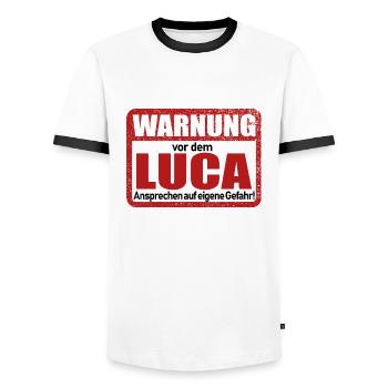 Luca Name Lustiges Warnschild - Männer Kontrast-T-Shirt - Weiß/Schwarz - Vorne - AI Model Female 172 light (172cm) & AI Model Male 178 dark (178cm)