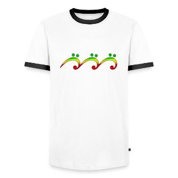 Reggae, music, notes, bass clef, wave, surf, - T-shirt contrasté Homme - blanc/noir - Devant - AI Model Female 172 light (172cm) & AI Model Male 178 dark (178cm)