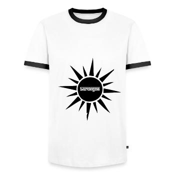 SARDEGNA SUN: Sardinia Italy (b) - Men's Ringer Shirt - white/black - Front - AI Model Female 172 light (172cm) & AI Model Male 178 dark (178cm)
