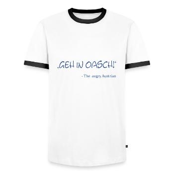 Geh in Oasch, the angry austrian, Österreich, Aust - Männer Kontrast-T-Shirt - Weiß/Schwarz - Vorne - AI Model Female 172 light (172cm) & AI Model Male 178 dark (178cm)