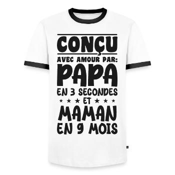 Conçu avec amour par papa et maman en 9 mois - T-shirt contrasté Homme - blanc/noir - Devant - AI Model Female 172 light (172cm) & AI Model Male 178 dark (178cm)
