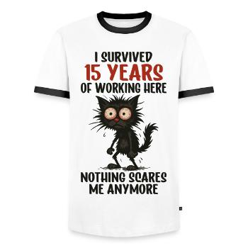 15 Year Company Anniversary Service Anniversary Work - Men's Ringer Shirt - white/black - Front - AI Model Female 172 light (172cm) & AI Model Male 178 dark (178cm)