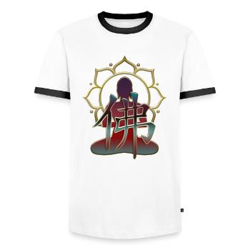 BOUDDHA / caractère, figure, fleur de lotus - T-shirt contrasté Homme - blanc/noir - Devant - AI Model Female 172 light (172cm) & AI Model Male 178 dark (178cm)