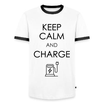 Keep calm and charge dark - Men's Ringer Shirt - white/black - Front - AI Model Female 172 light (172cm) & AI Model Male 178 dark (178cm)