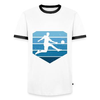 Men's Football Footballers Playing Football - Men's Ringer Shirt - white/black - Front - AI Model Female 172 light (172cm) & AI Model Male 178 dark (178cm)