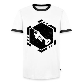 Men's Trumpet Player Trumpet Playing TrumpetSp - Men's Ringer Shirt - white/black - Front - AI Model Female 172 light (172cm) & AI Model Male 178 dark (178cm)