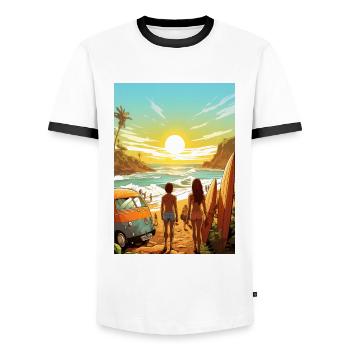 Scène de plage avec planche de surf - T-shirt contrasté Homme - blanc/noir - Devant - AI Model Female 172 light (172cm) & AI Model Male 178 dark (178cm)