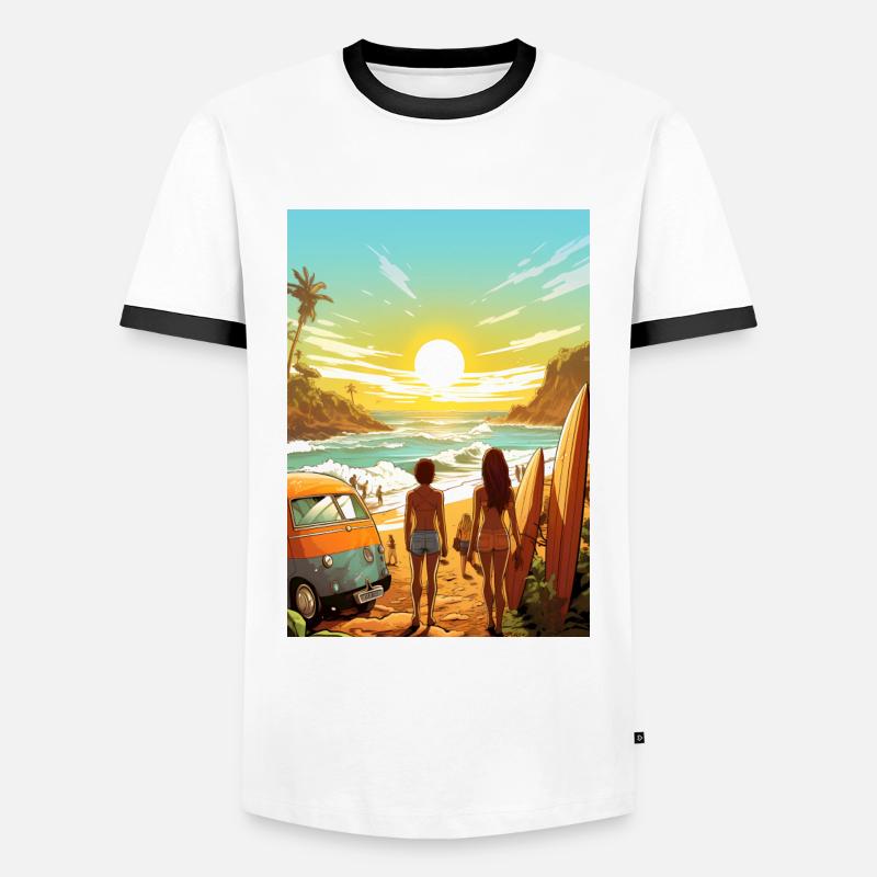 Strandszene mit Surfbrett - Männer Kontrast-T-Shirt - Weiß/Schwarz