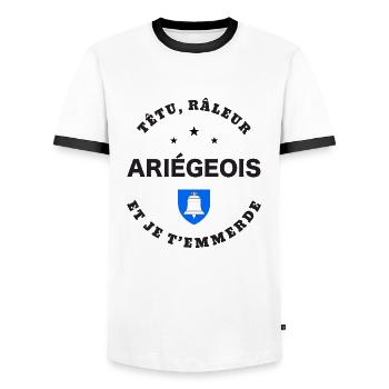 Ariégeois, têtu, râleur - T-shirt contrasté Homme - blanc/noir - Devant - AI Model Female 172 light (172cm) & AI Model Male 178 dark (178cm)