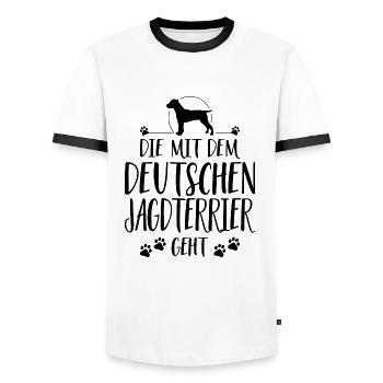 DIE MIT DEUTSCHEN JAGDTERRIER GEHT Wilsigns Hunde - Männer Kontrast-T-Shirt - Weiß/Schwarz - Vorne - AI Model Female 172 light (172cm) & AI Model Male 178 dark (178cm)