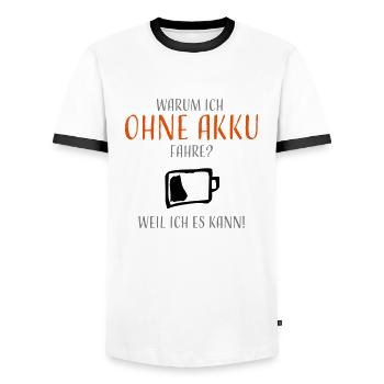 Warum ich ohne Akku fahre? - Männer Kontrast-T-Shirt - Weiß/Schwarz - Vorne - AI Model Female 172 light (172cm) & AI Model Male 178 dark (178cm)