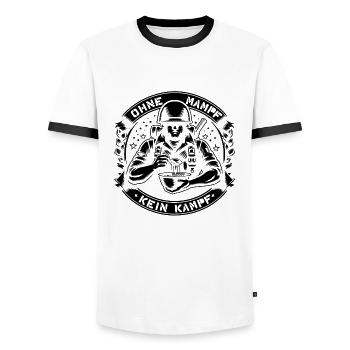 Ohne Mampf kein Kampf! 💪😄 🍔🔥 - Männer Kontrast-T-Shirt - Weiß/Schwarz - Vorne - AI Model Female 172 light (172cm) & AI Model Male 178 dark (178cm)