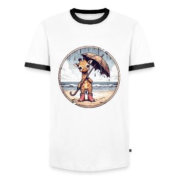 Girafe en bottes en caoutchouc avec parapluie sur la plage - T-shirt contrasté Homme - blanc/noir - Devant - AI Model Female 172 light (172cm) & AI Model Male 178 dark (178cm)