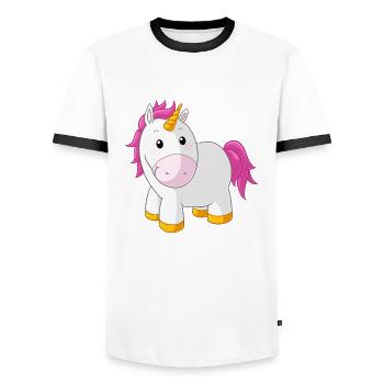 Licorne rose dessin animé heureux - T-shirt contrasté Homme - blanc/noir - Devant - AI Model Female 172 light (172cm) & AI Model Male 178 dark (178cm)