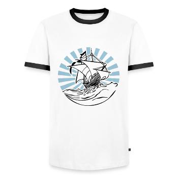 Ship 2C color change - Men's Ringer Shirt - white/black - Front - AI Model Female 172 light (172cm) & AI Model Male 178 dark (178cm)