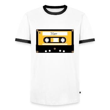 Kassette 70er - Männer Kontrast-T-Shirt - Weiß/Schwarz - Vorne - AI Model Female 172 light (172cm) & AI Model Male 178 dark (178cm)