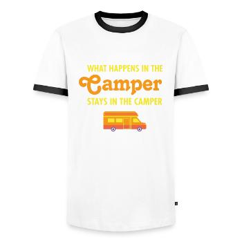 What Happens In The Camper Stays In The Camper - Men's Ringer Shirt - white/black - Front - AI Model Female 172 light (172cm) & AI Model Male 178 dark (178cm)