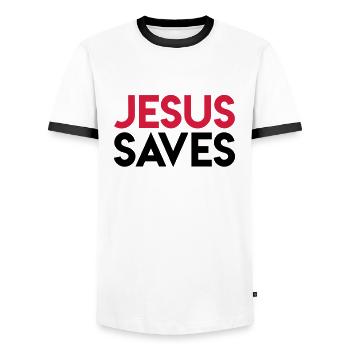 Jesus rettet - Männer Kontrast-T-Shirt - Weiß/Schwarz - Vorne - AI Model Female 172 light (172cm) & AI Model Male 178 dark (178cm)