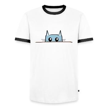 Cat Comic Table - Men's Ringer Shirt - white/black - Front - AI Model Female 172 light (172cm) & AI Model Male 178 dark (178cm)