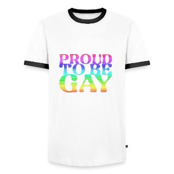 proud to be gay,gay,LGBT,Regenbogen - Männer Kontrast-T-Shirt - Weiß/Schwarz - Vorne - AI Model Female 172 light (172cm) & AI Model Male 178 dark (178cm)